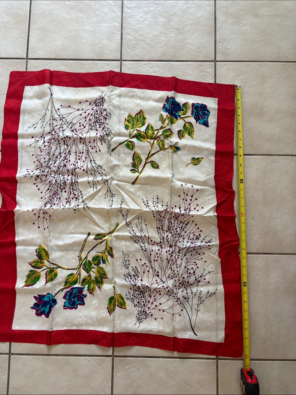 Vintage Floral Silk-Style Square Scarf - Red Border, Cream & Mixed Floral Center - Picture 6 of 7